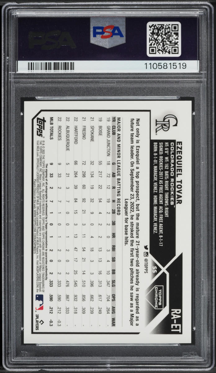 2023 Topps Chrome Purple Speckle Ezequiel Tovar ROOKIE AUTO /299 PSA 10 GEM MINT
