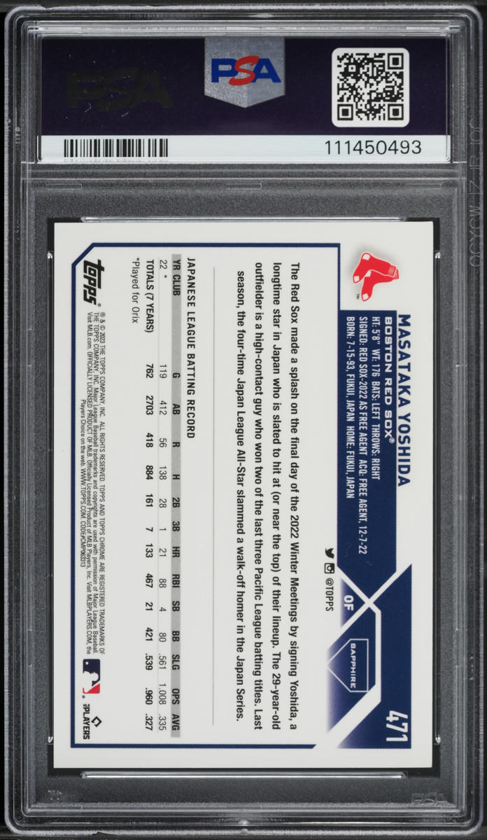 2023 Topps Chrome Sapphire Gold Masataka Yoshida ROOKIE /50 #471 PSA 9 MINT