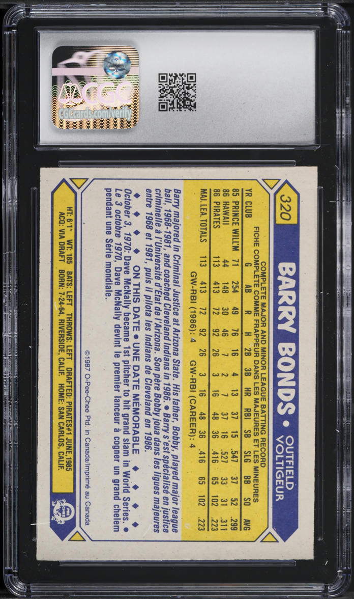 1987 O-Pee-Chee Barry Bonds ROOKIE #320 CGC 8 NM-MT