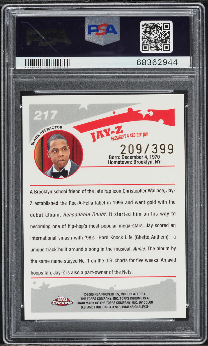 2005 Topps Chrome Black Refractor Jay-Z /399 #217 PSA 8 NM-MT on