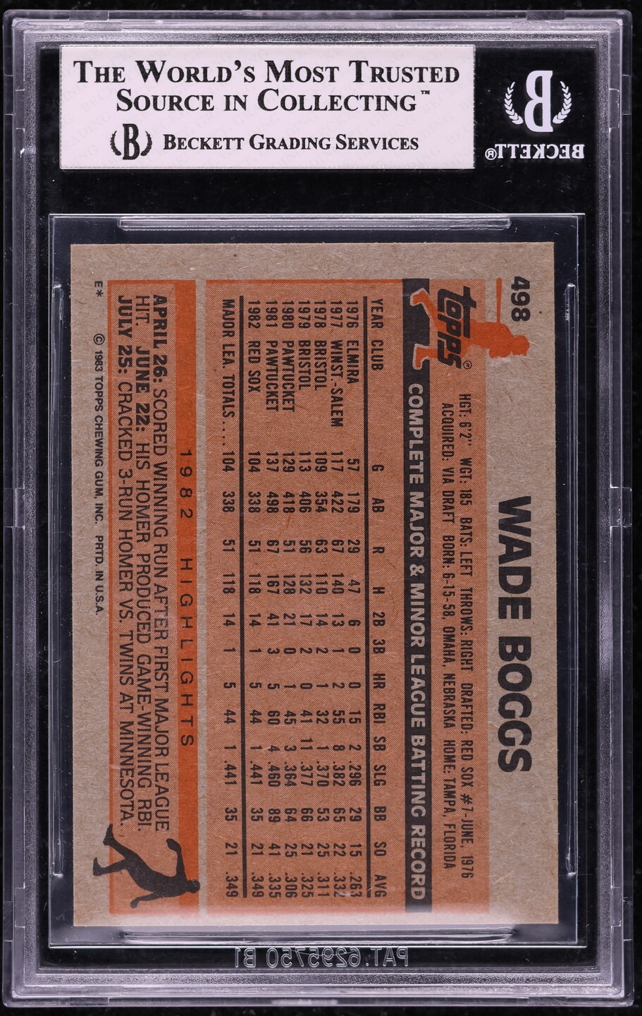 1983 Topps Wade Boggs ROOKIE #498 BGS 5 EX
