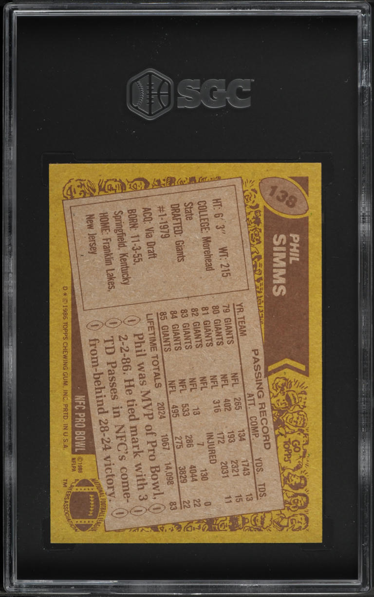 1986 Topps Football Phil Simms #138 SGC 6 EXMT