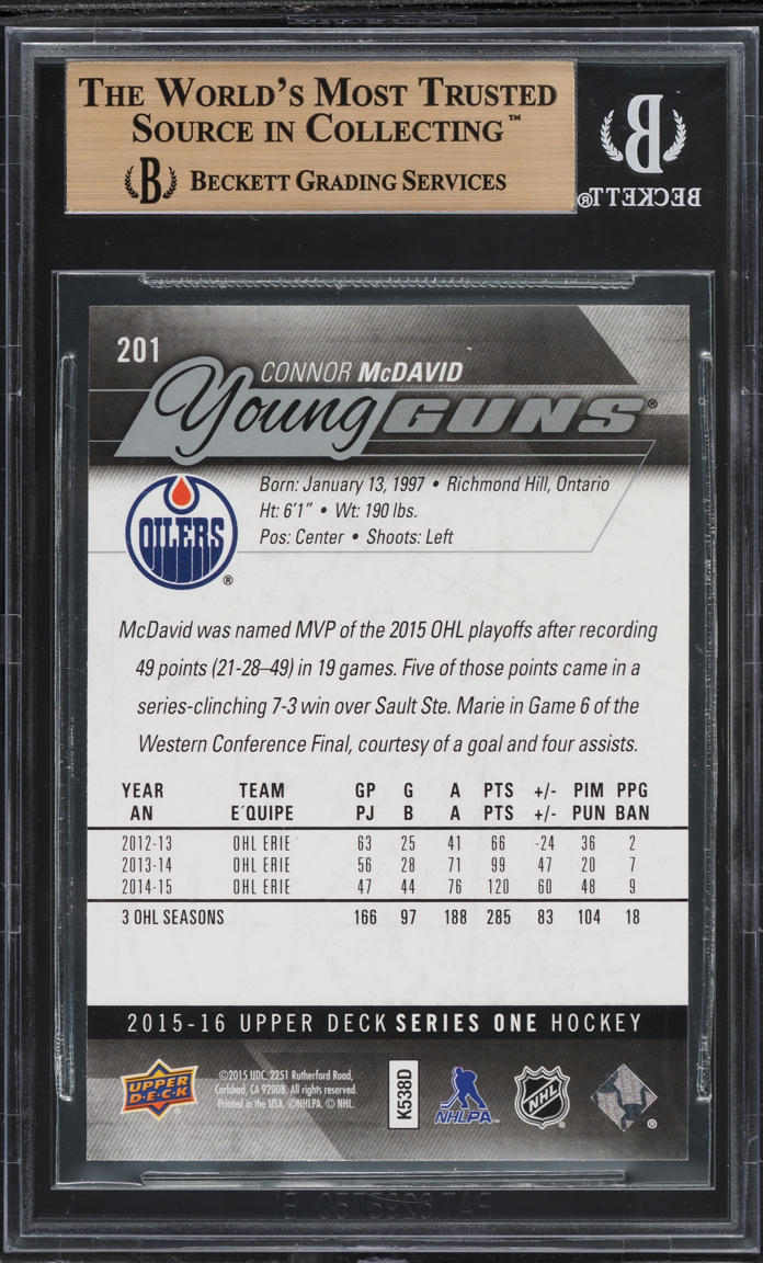 2015 Upper Deck Young Guns Connor McDavid ROOKIE #201 BGS 9.5 GEM MINT