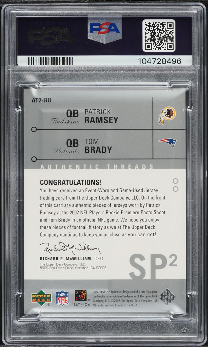 2002 SP Authentic Threads Double Ramsey Tom Brady PATCH #AT2RB PSA 9 MINT