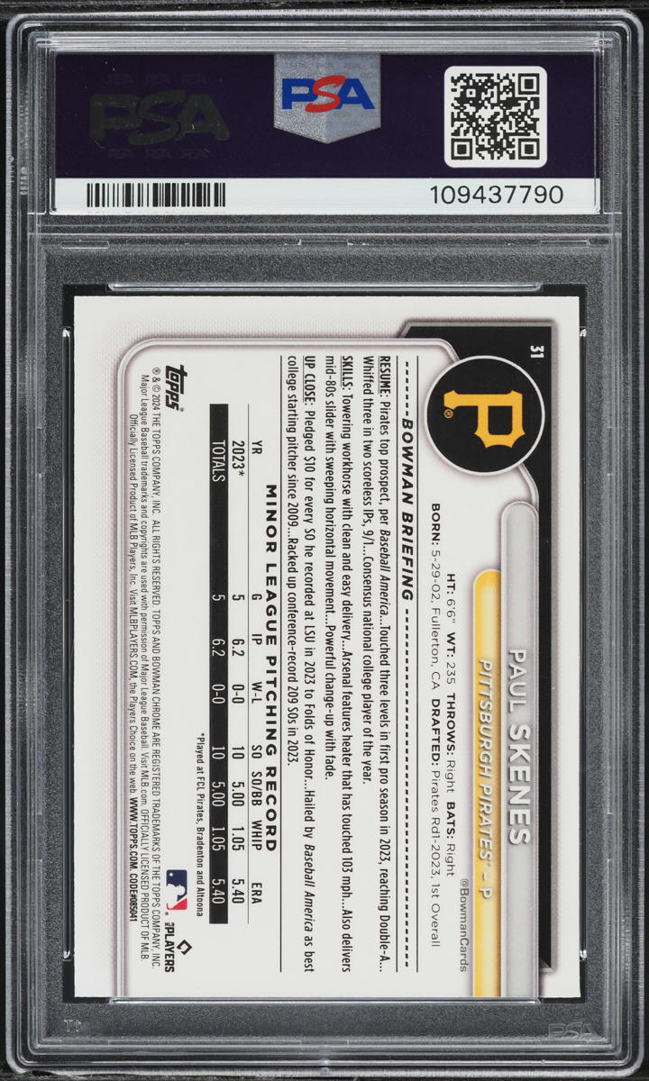 2024 Bowman Chrome Aqua Raywave Paul Skenes ROOKIE /199 #31 PSA 10 GEM MINT