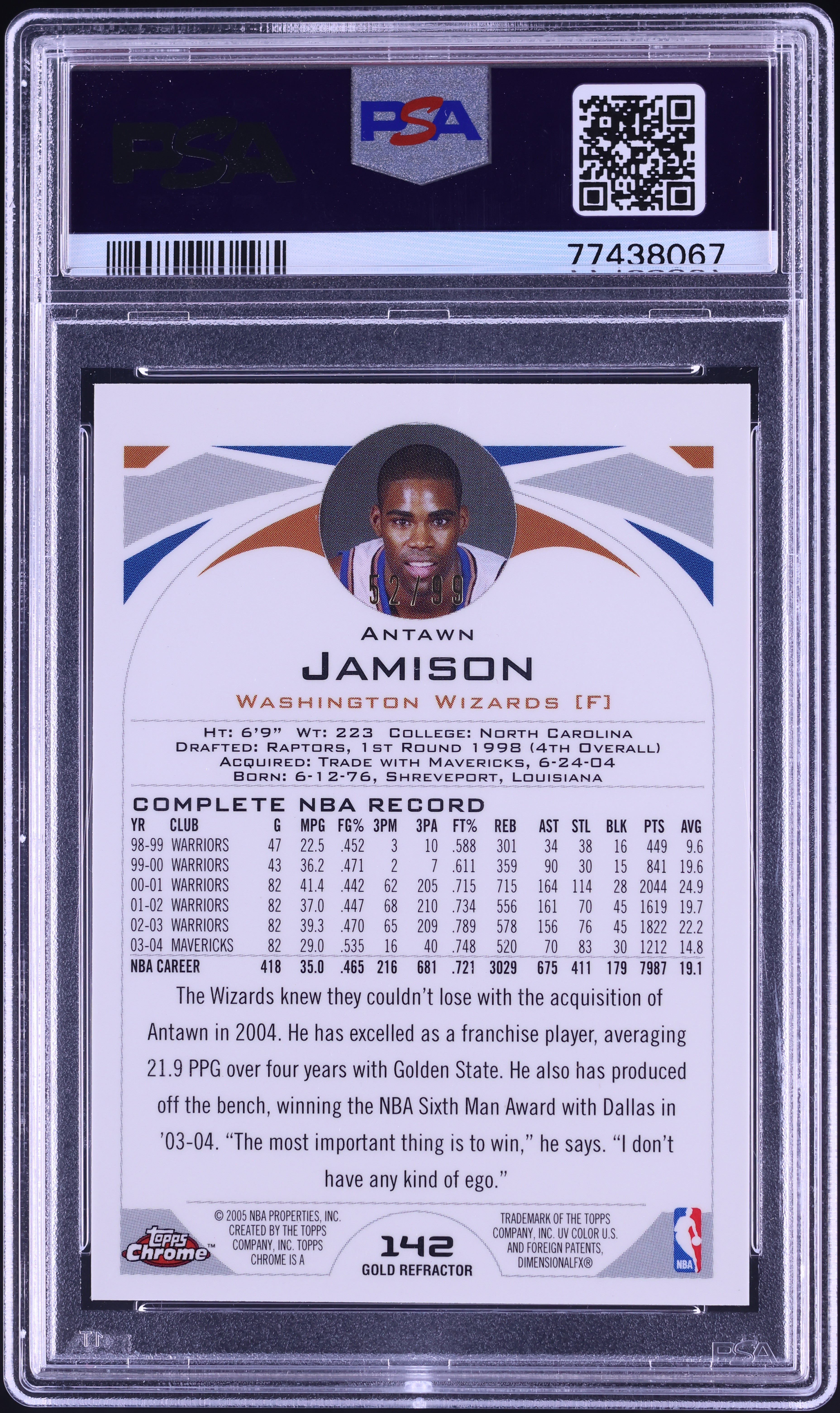 2004 Topps Chrome Gold Refractor Antawn Jamison /99 #142 PSA 9