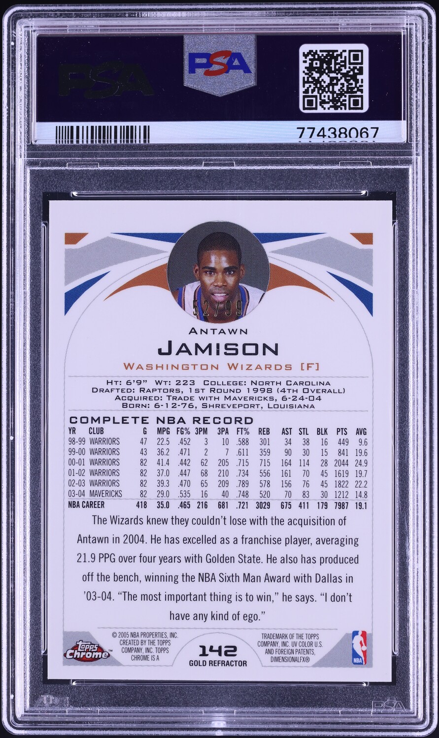 2004 Topps Chrome Gold Refractor Antawn Jamison /99 #142 PSA 9