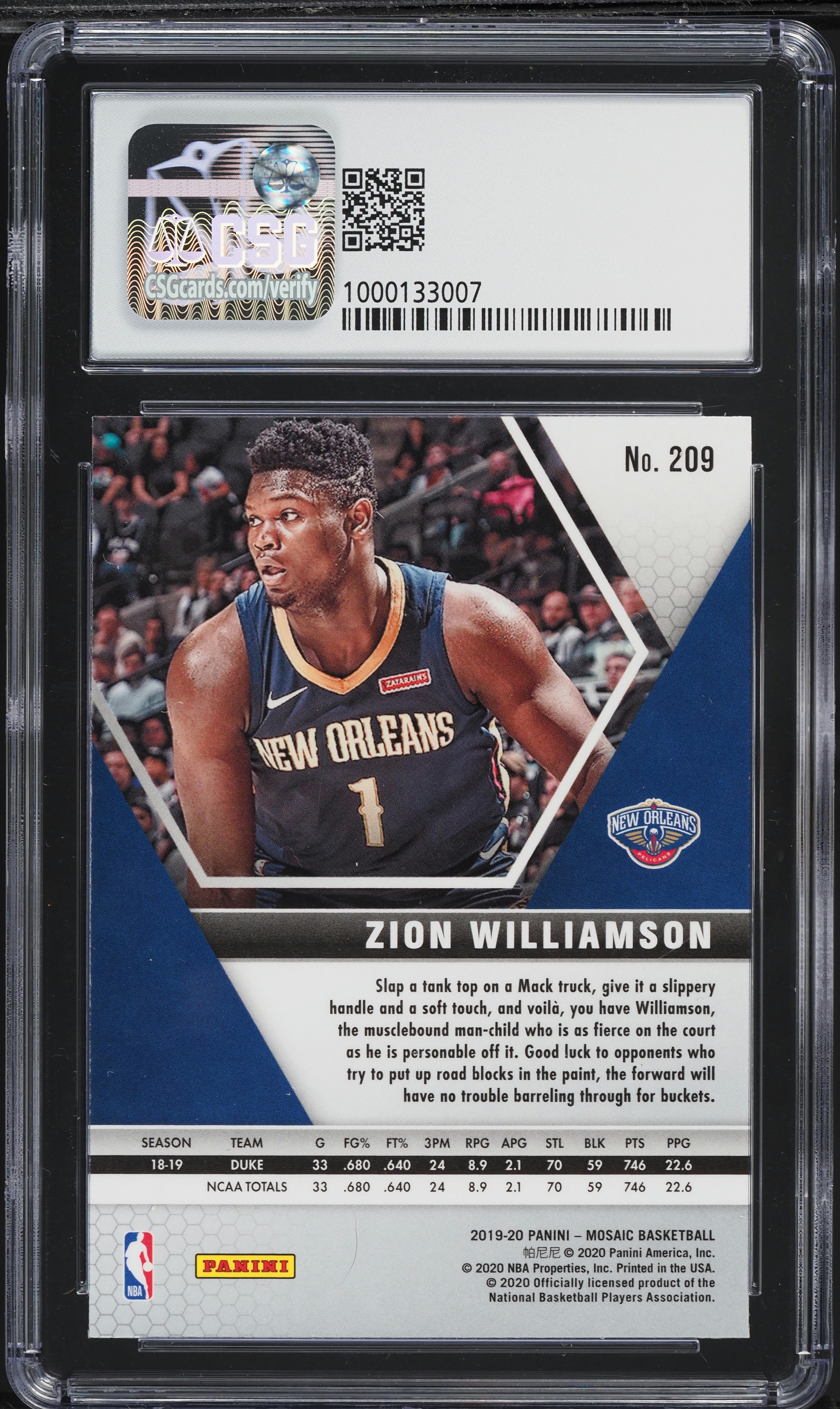 2019 Panini Mosaic Zion Williamson ROOKIE #209 CSG 9.5 GEM MINT on