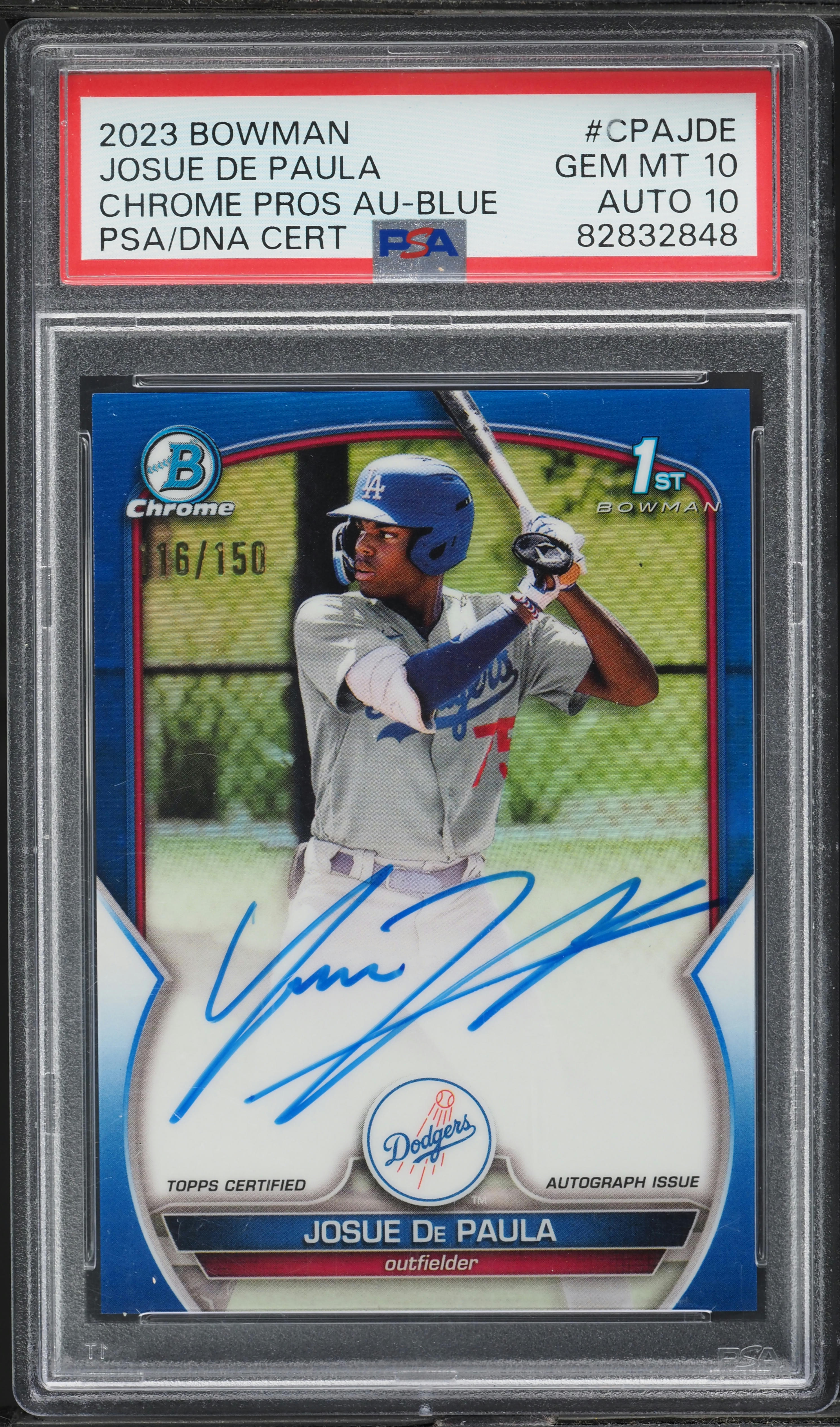 2023 Bowman Chrome Blue Josue De Paula PROSPECT AUTO DNA 10 /150 