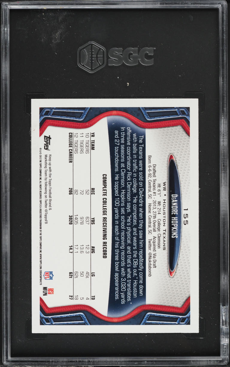 2013 Topps Football DeAndre Hopkins ROOKIE #155 SGC 9 MINT