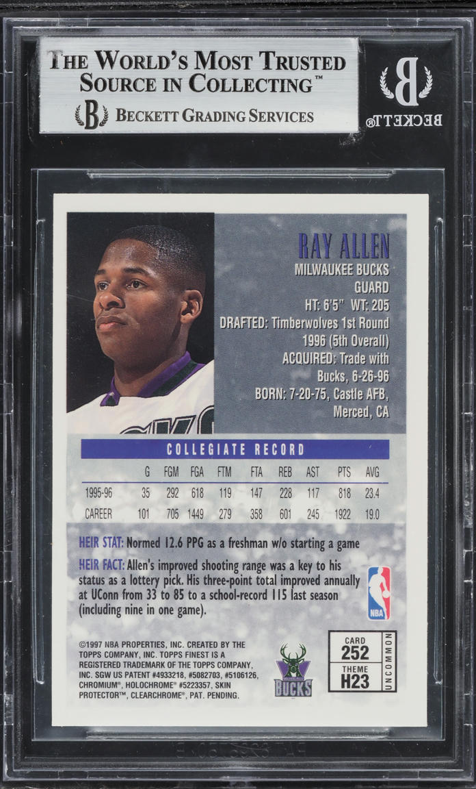 1996 Finest w/ Coating Ray Allen ROOKIE #252 BGS 9 MINT