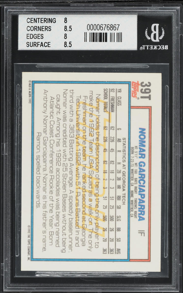 1992 Topps Traded Gold Nomar Garciaparra ROOKIE #39T BGS 8 NM-MT