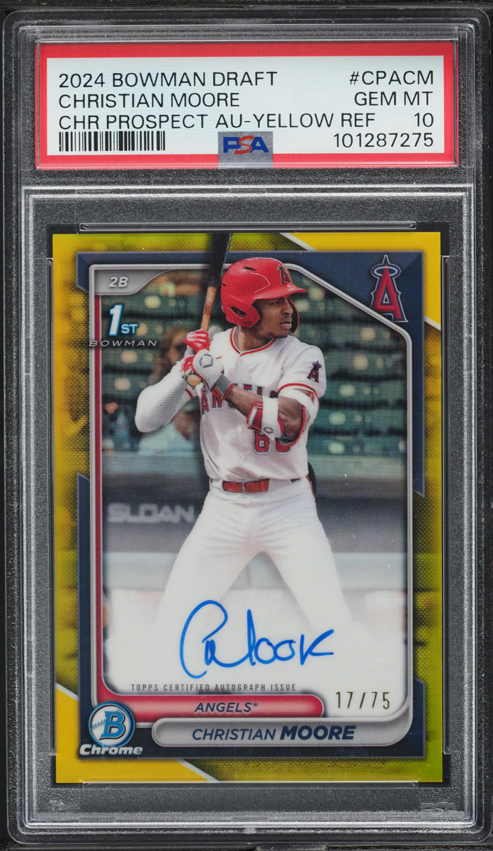 2024 Bowman Chrome Draft Yellow Ref. Christian Moore PROSPECT AUTO /75 PSA 10