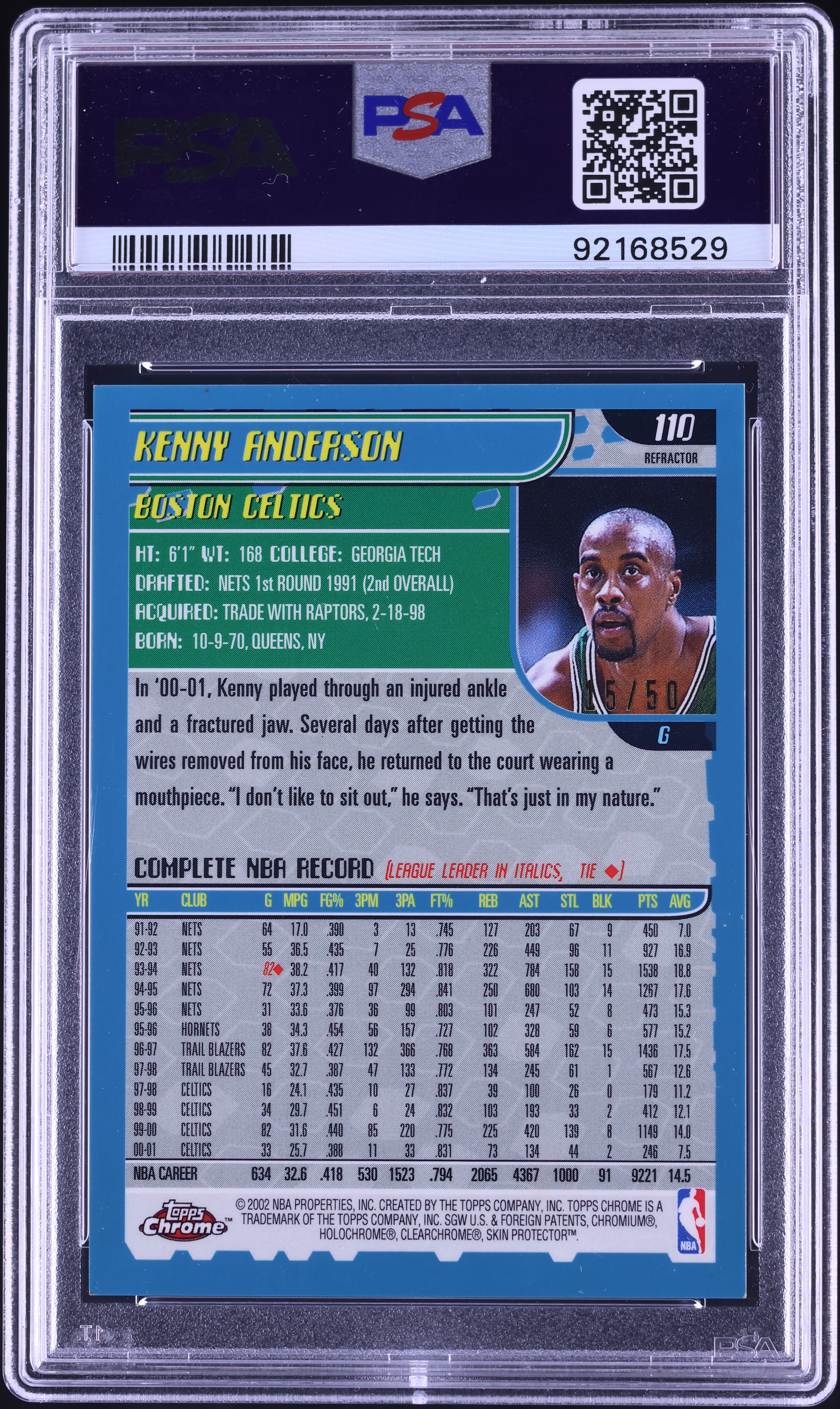 2001 Topps Chrome Black Refractor Kenny Anderson /50 #110 PSA 9