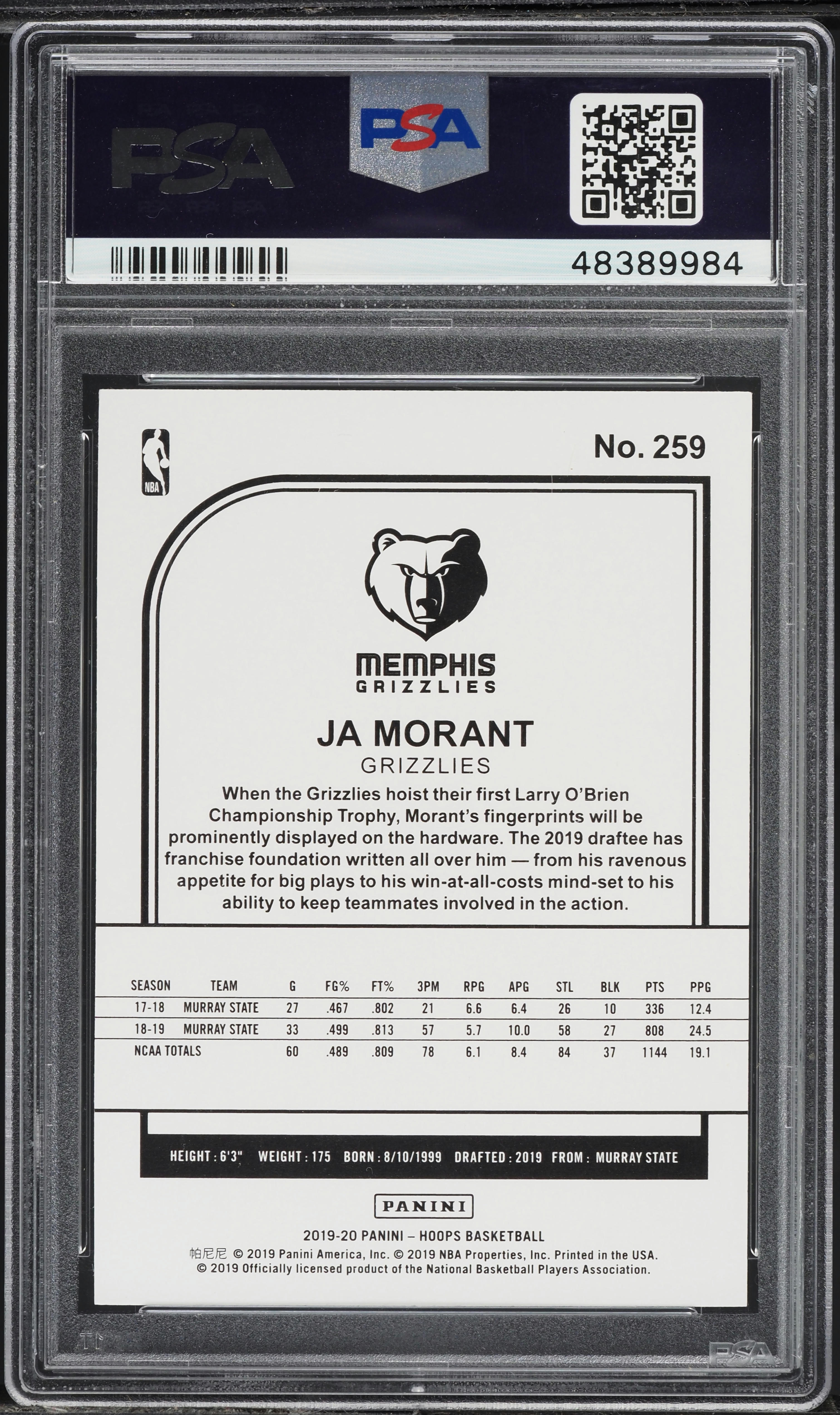 2019 Hoops Ja Morant ROOKIE #259 PSA 10 GEM MINT on Fanatics Collect