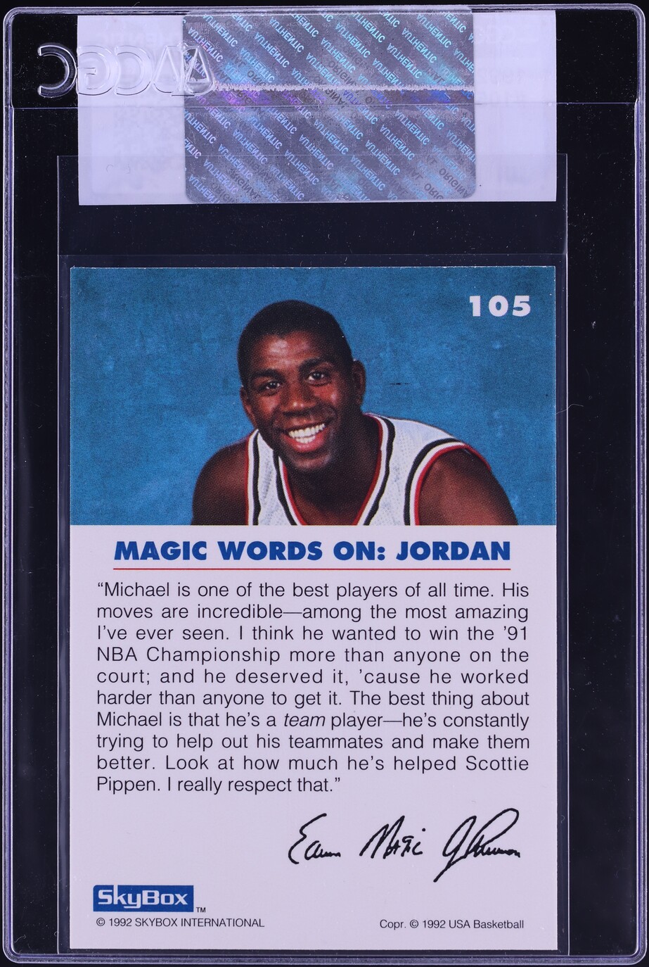 1992 Skybox USA Basketball Magic Johnson On Michael Jordan #105 CGC AUTH