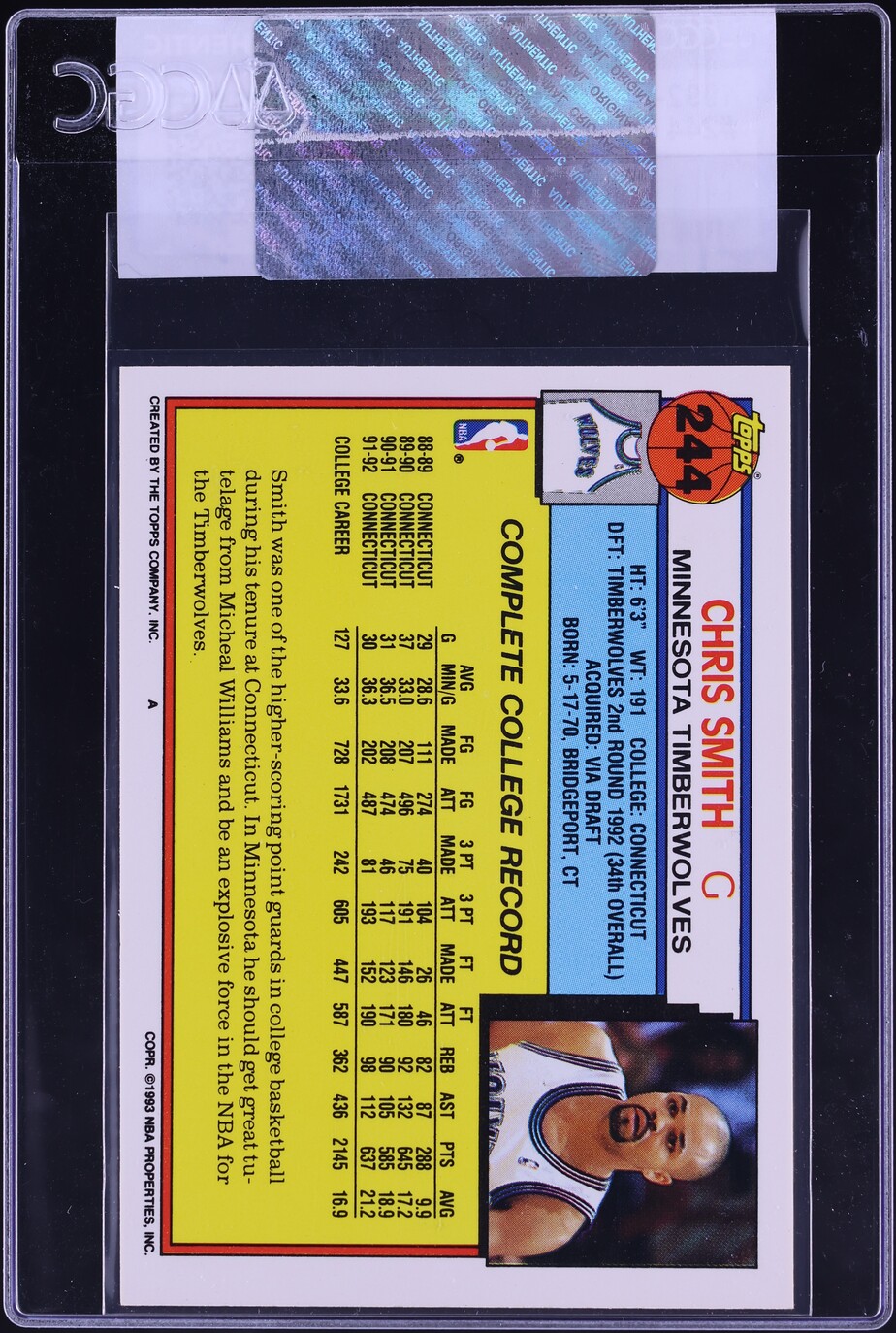 1992 Topps Basketball Chris Smith ROOKIE #244 CGC AUTH