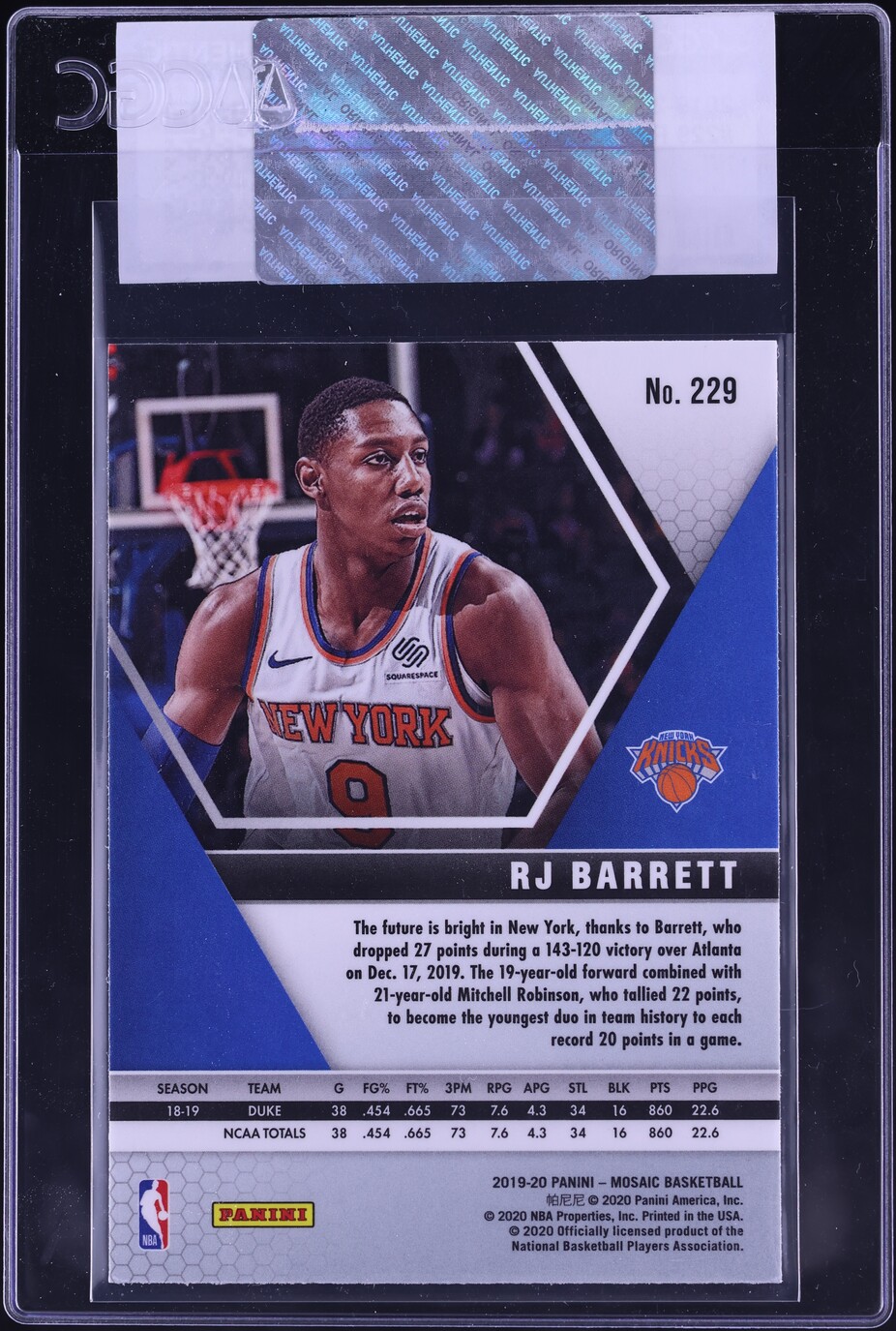 2019 Panini Mosaic RJ Barrett ROOKIE #229 CGC AUTH