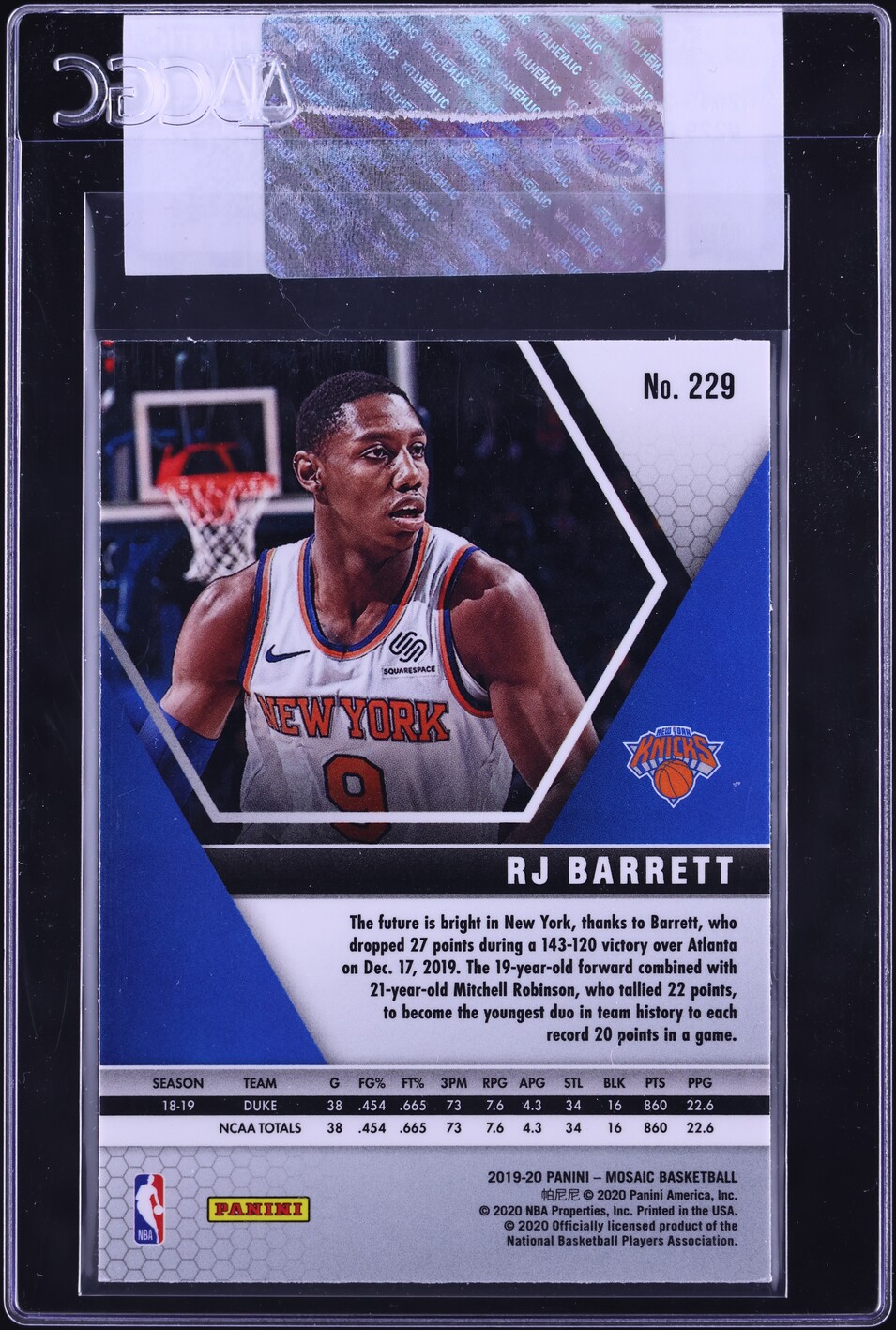 2019 Panini Mosaic R.J. Barrett ROOKIE #229 CGC AUTH