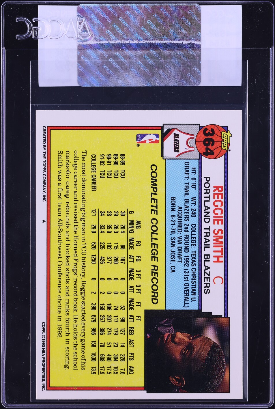 1992 Topps Basketball Reggie Smith ROOKIE #364 CGC AUTH