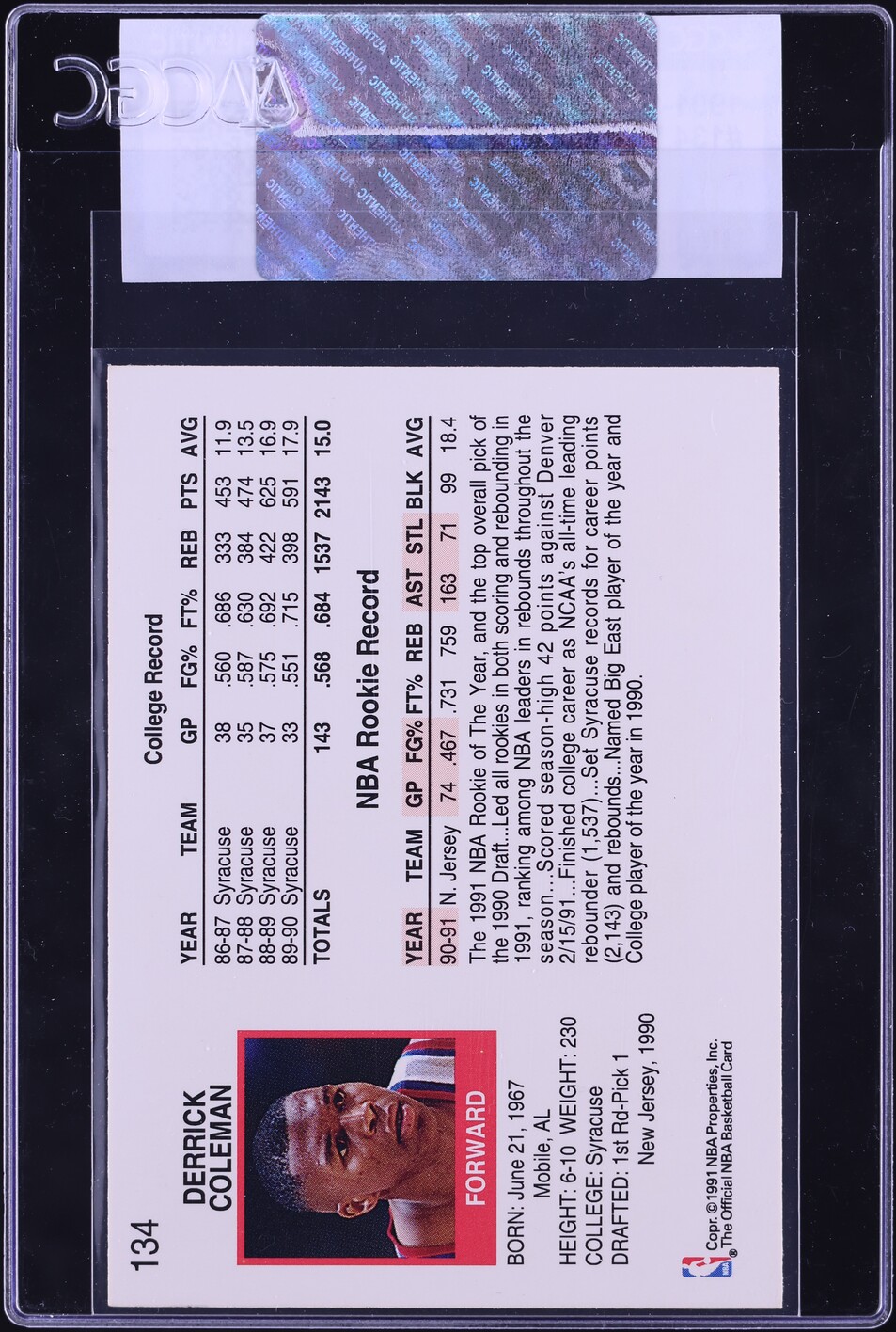 1991 Hoops Derrick Coleman #134 CGC AUTH