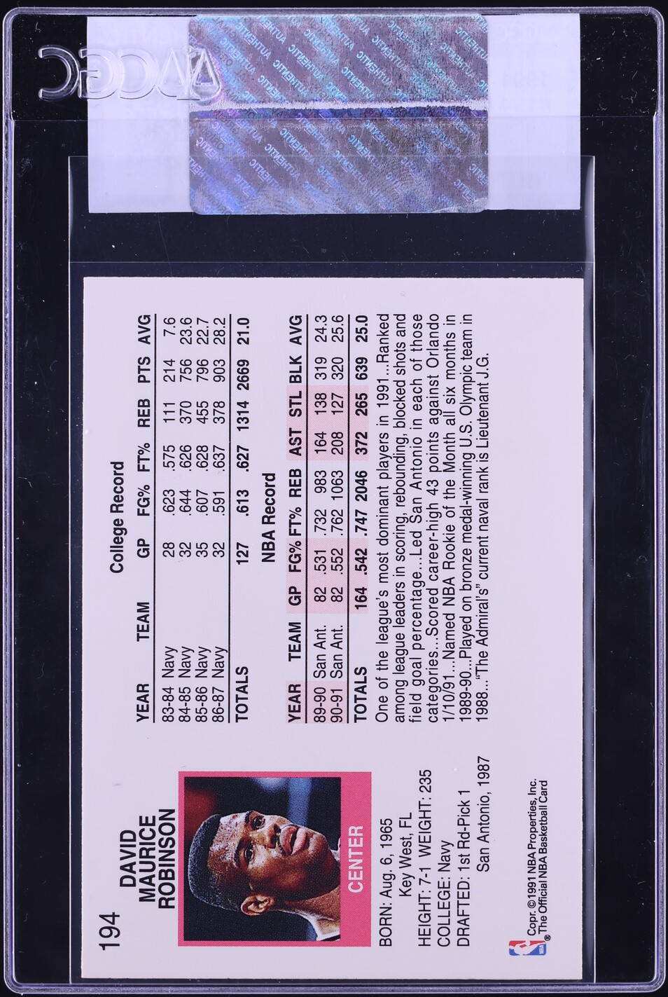 1991 Hoops David Robinson #194 CGC AUTH
