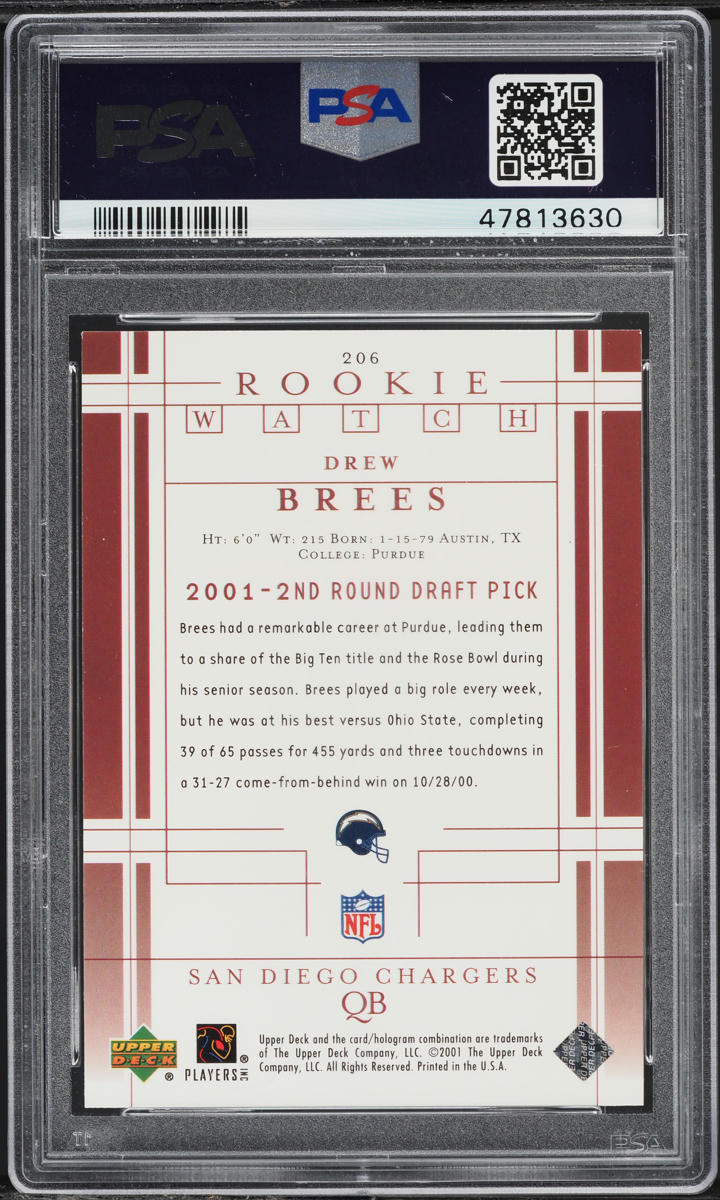 2001 Upper Deck Football Drew Brees ROOKIE #206 PSA 10 GEM MINT
