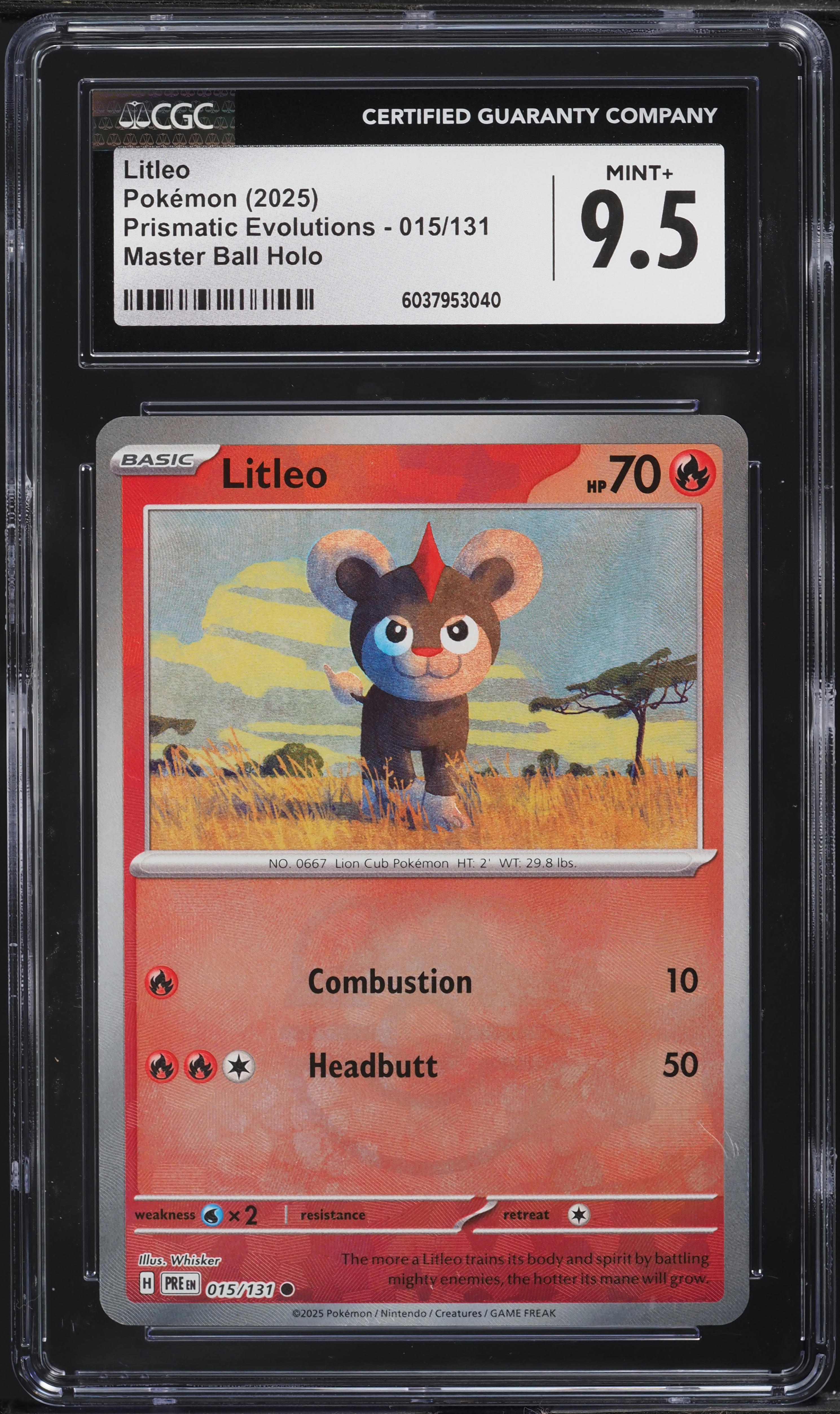 2025 Pokemon SV Prismatic Evolutions Master Ball Holo Litleo #15 CGC 9.5  MINT+ on Fanatics Collect