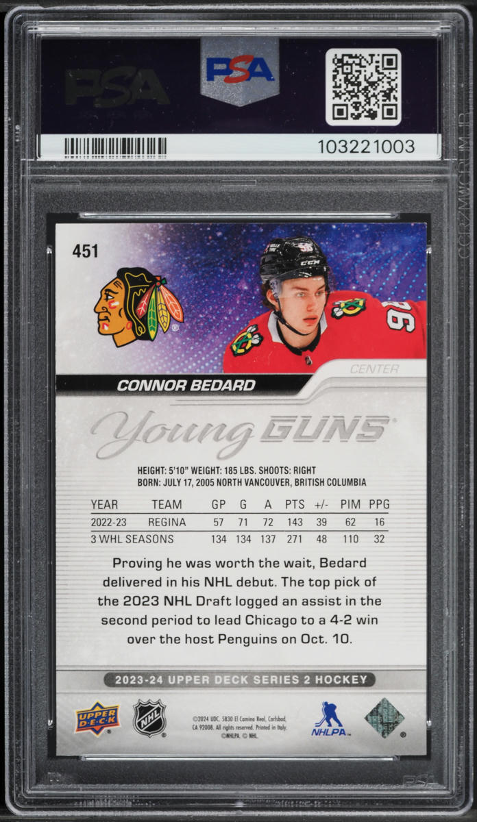 2023 Upper Deck Young Guns Connor Bedard ROOKIE #451 PSA 10 GEM MINT