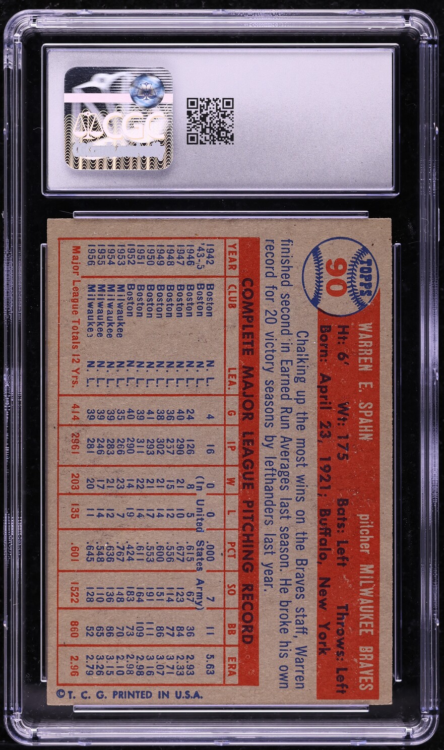 1957 Topps Warren Spahn #90 CGC 6 EXMT