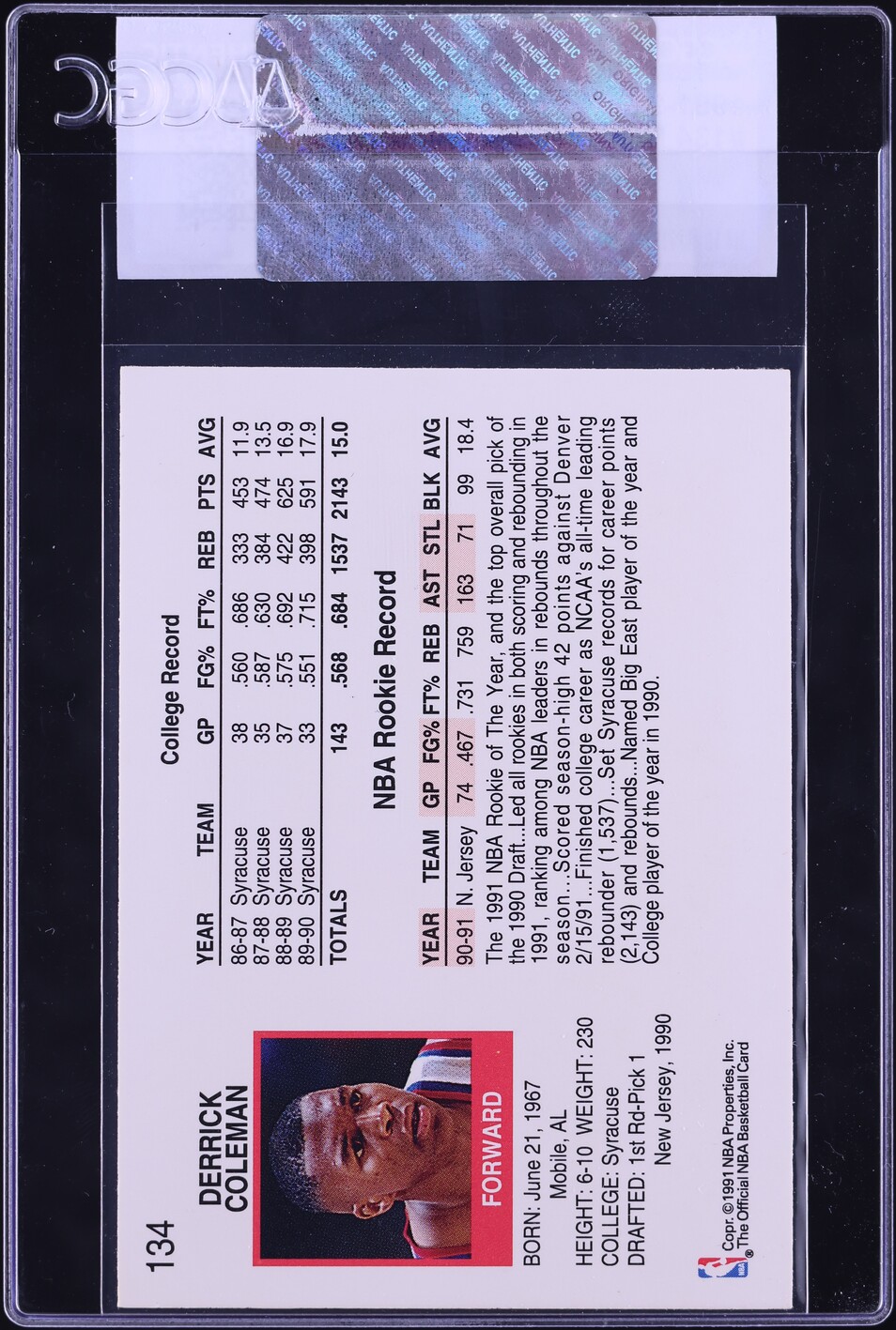 1991 Hoops Derrick Coleman #134 CGC AUTH