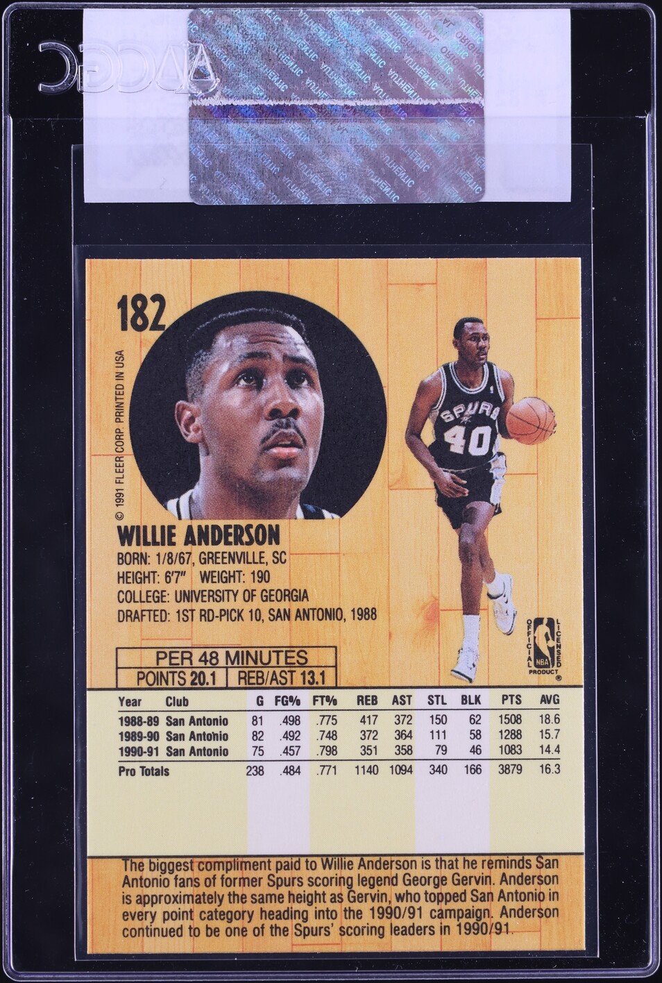 1991 Fleer Basketball Willie Anderson #182 CGC AUTH
