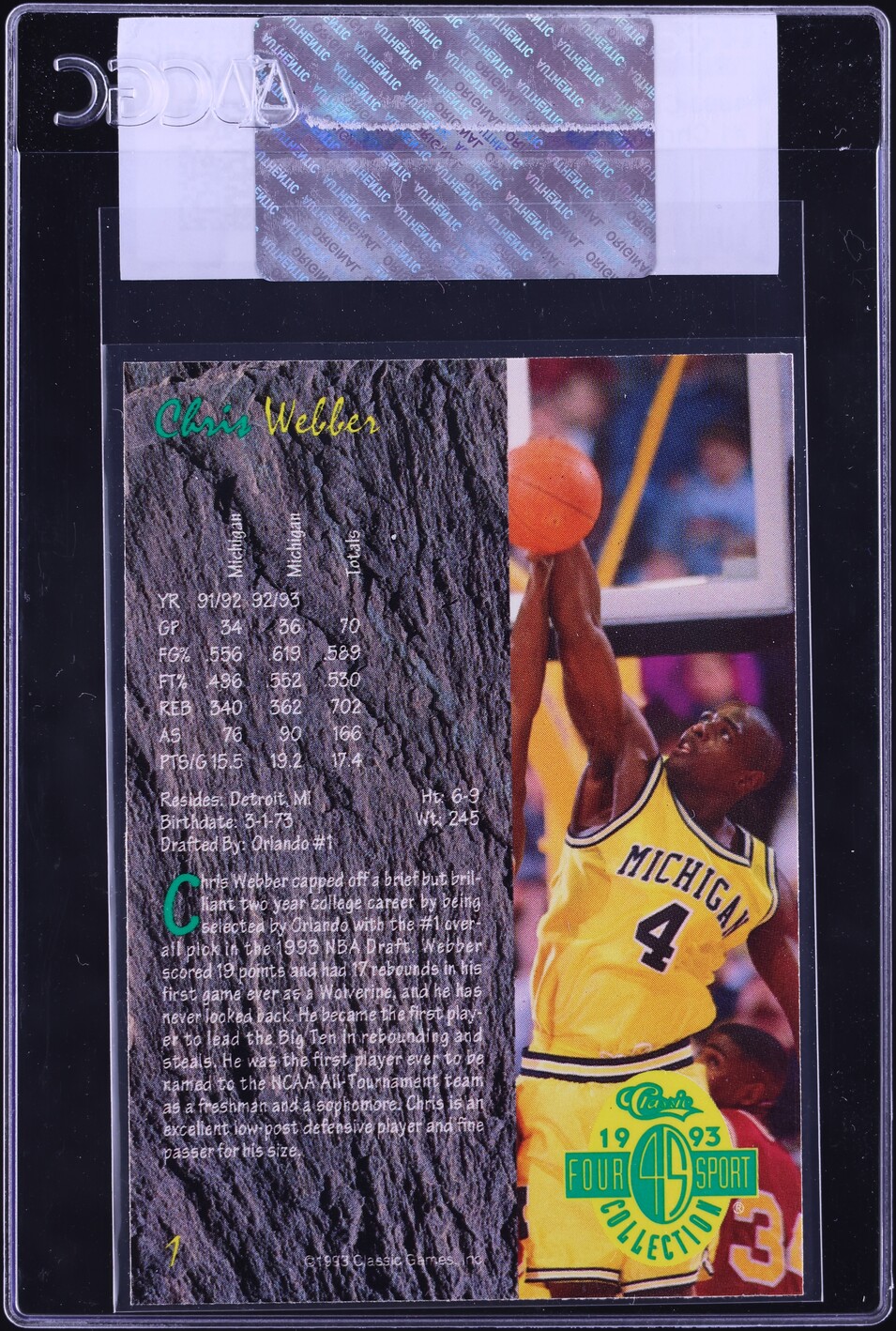 1993 Classic Four Sport Chris Webber ROOKIE #1 CGC AUTH