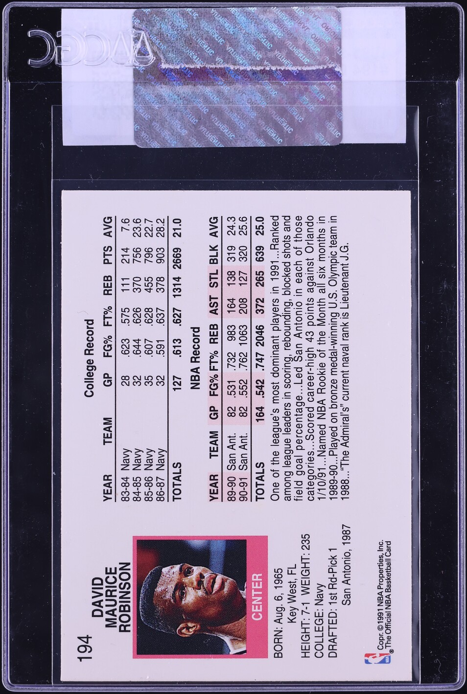 1991 Hoops David Robinson #194 CGC AUTH