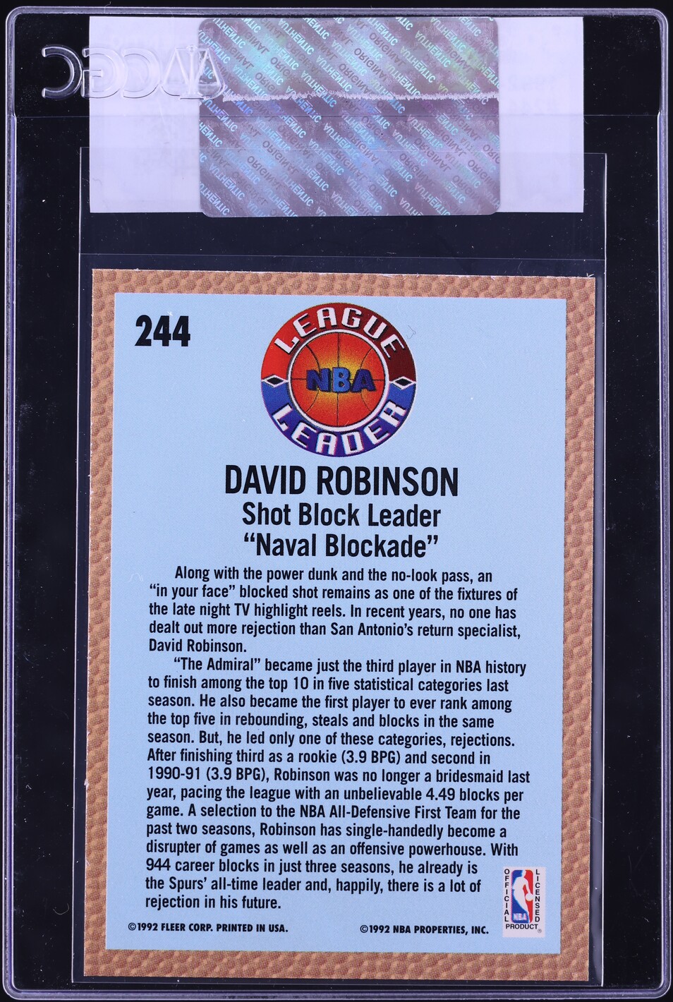 1992 Fleer Basketball David Robinson #244 CGC AUTH