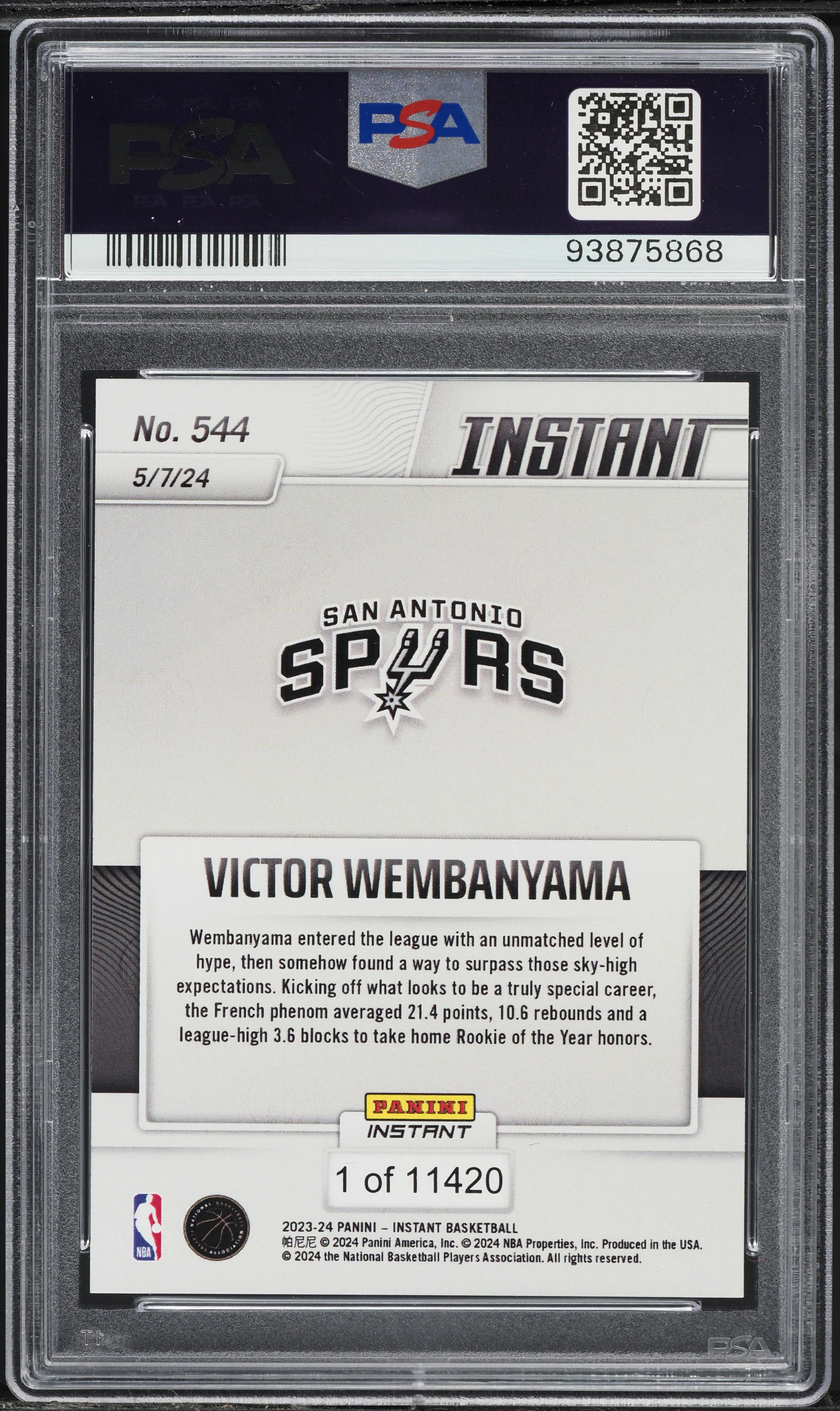 2023 Panini Instant Victor Wembanyama ROOKIE #544 PSA 10 GEM MINT