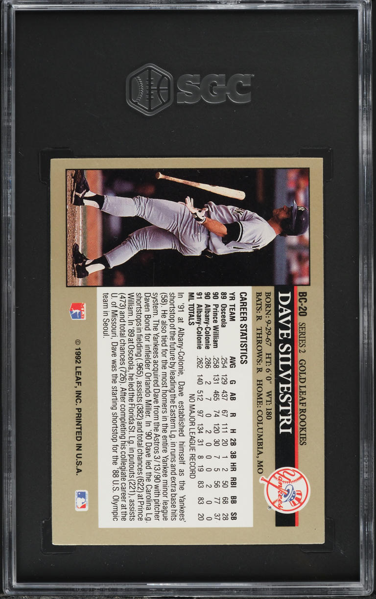 1992 Leaf Gold Dave Silvestri ROOKIE #BC-20 SGC 8 NM-MT