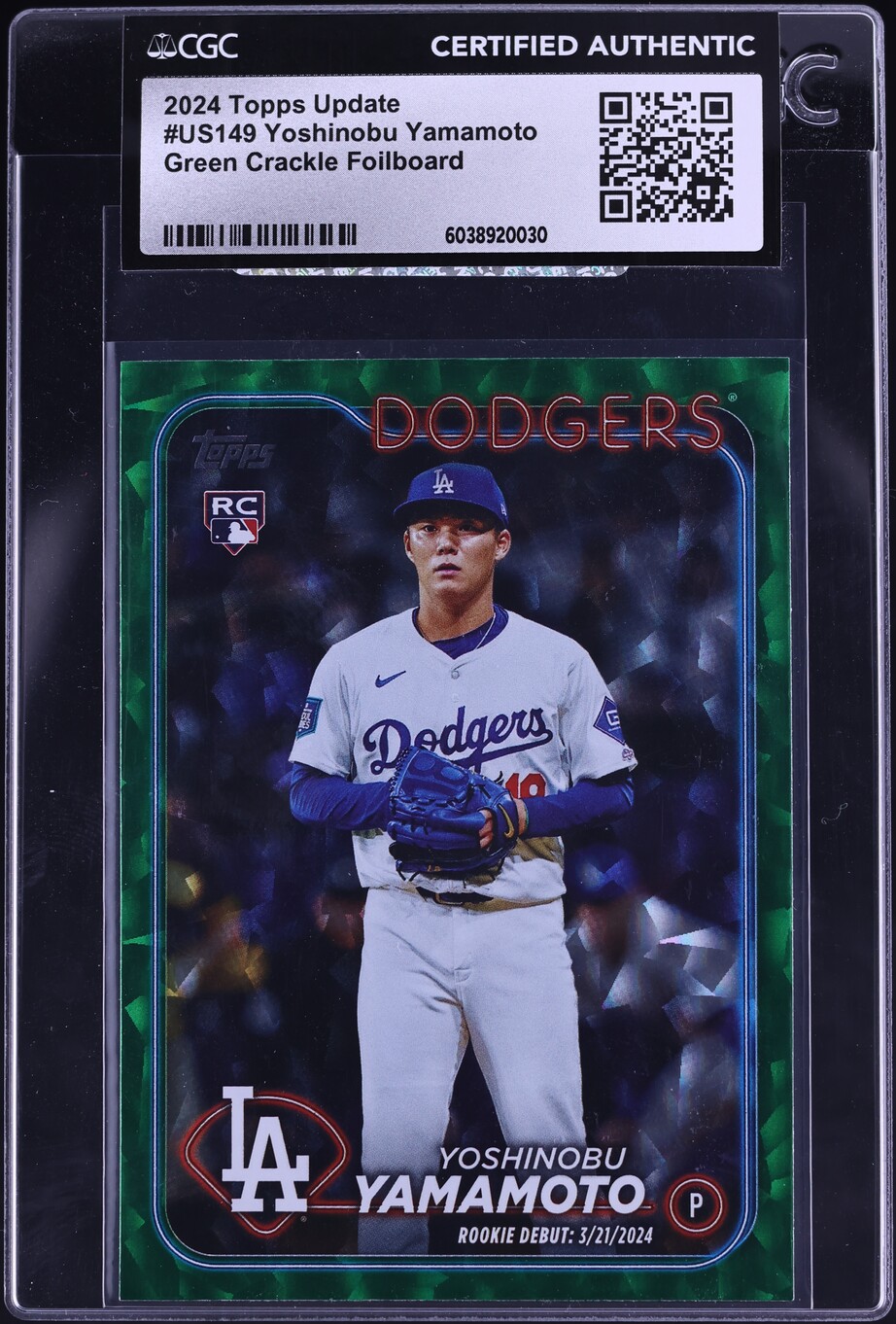 2024 Topps Update Green Crackle Foilboard Yoshinobu Yamamoto RC /499 CGC AUTH