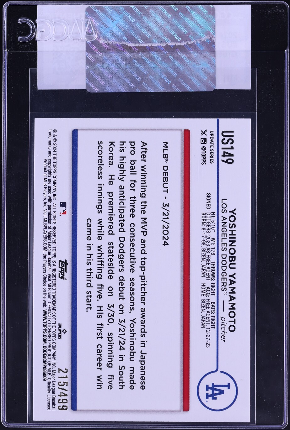 2024 Topps Update Green Crackle Foilboard Yoshinobu Yamamoto RC /499 CGC AUTH