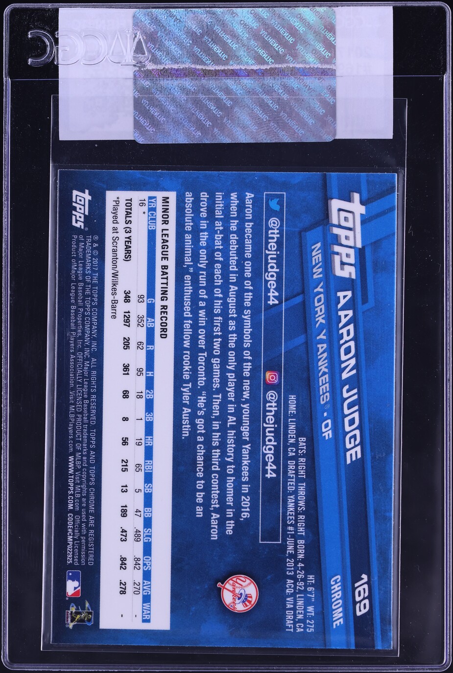 2017 Topps Chrome Aaron Judge ROOKIE #169 CGC AUTH