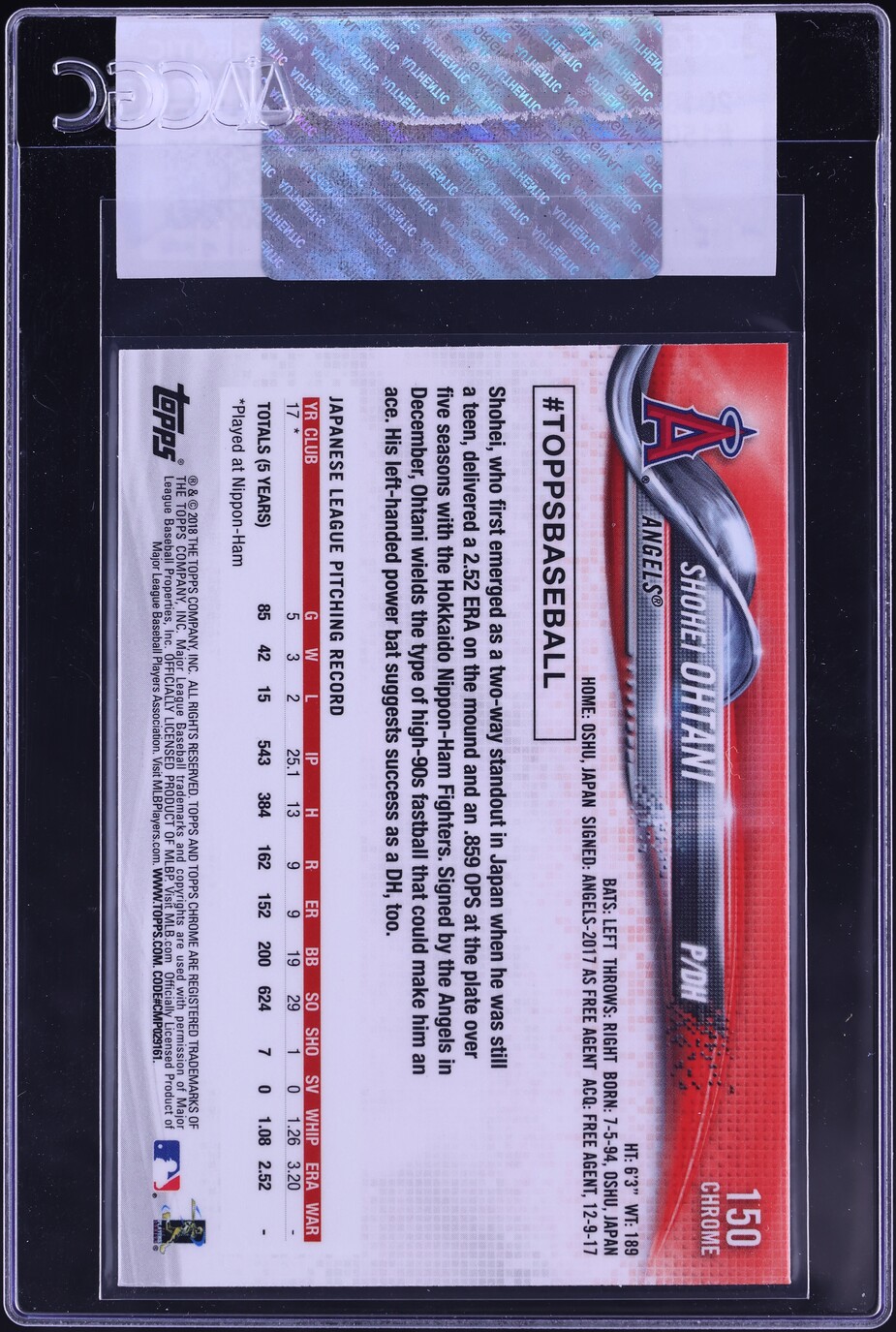 2018 Topps Chrome Shohei Ohtani ROOKIE #150 CGC AUTH