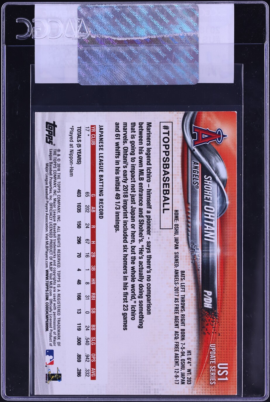 2018 Topps Update Shohei Ohtani ROOKIE #US1 CGC AUTH