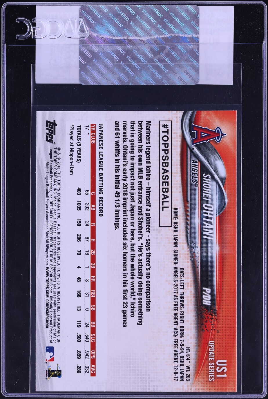 2018 Topps Update Shohei Ohtani ROOKIE #US1 CGC AUTH