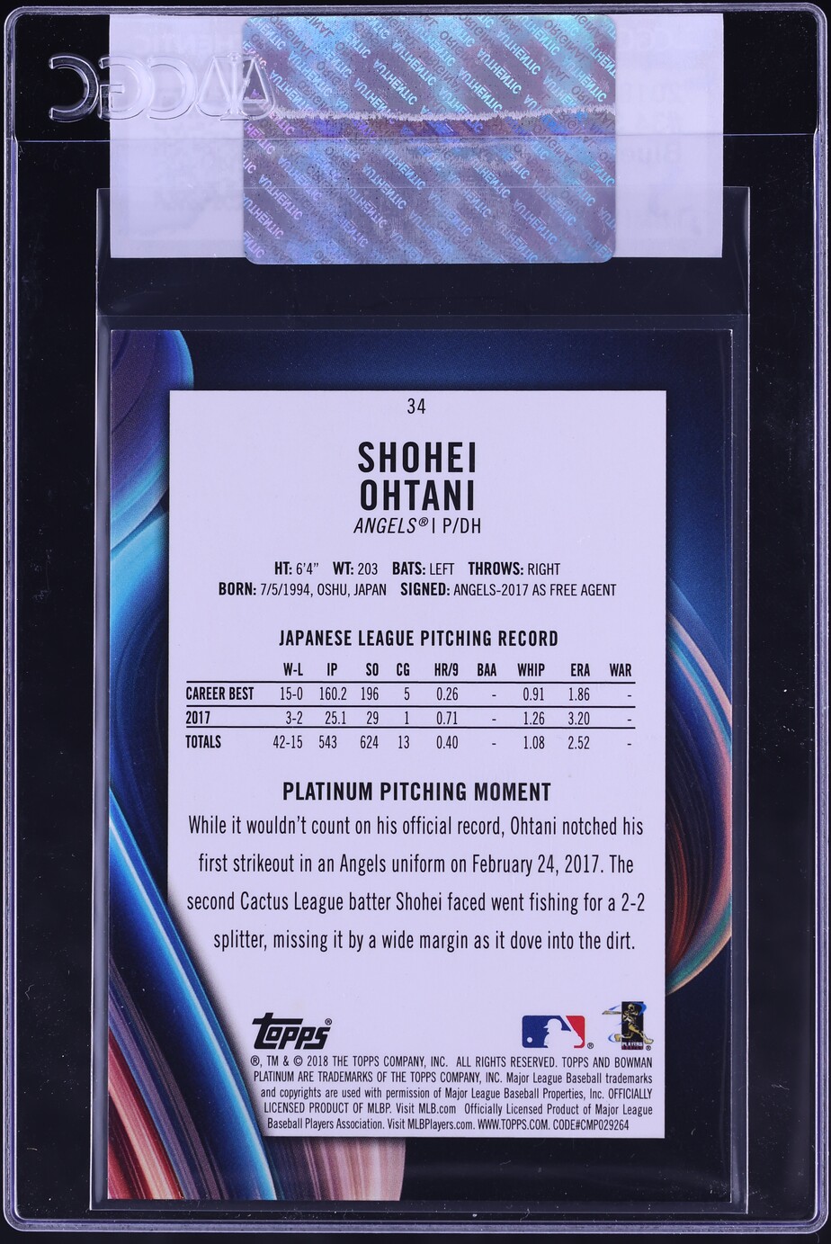 2018 Bowman Platinum Blue Shohei Ohtani ROOKIE /150 #34 CGC AUTH