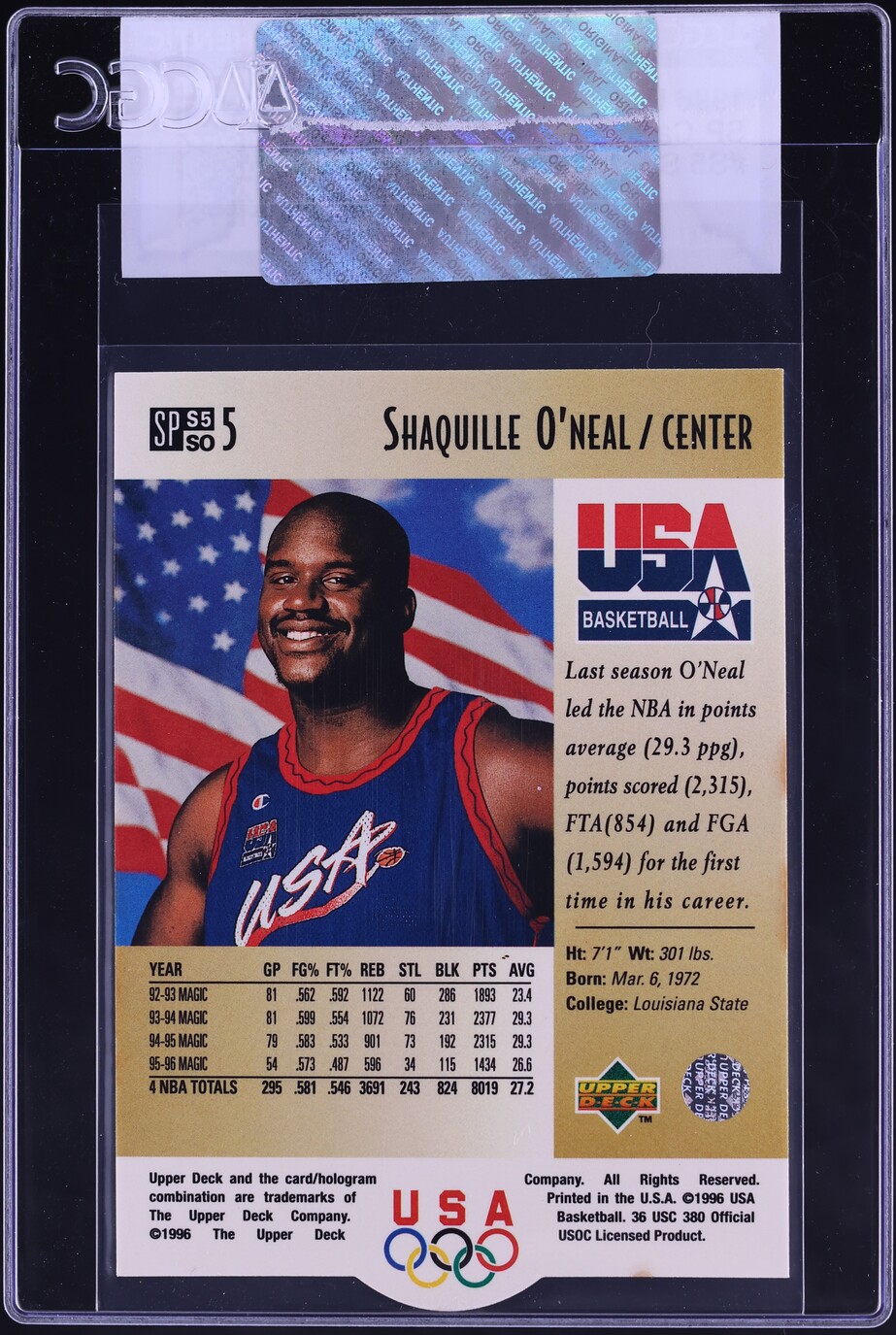 1996 Upper Deck USA Career Statistics Shaquille O'Neal #S5 CGC AUTH