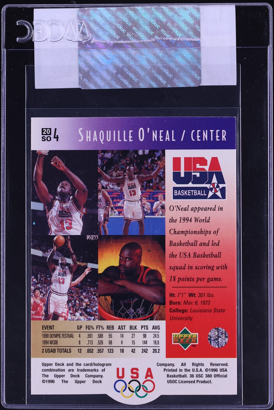 1996 Upper Deck USA Shaquille ONeal #20 CGC AUTH