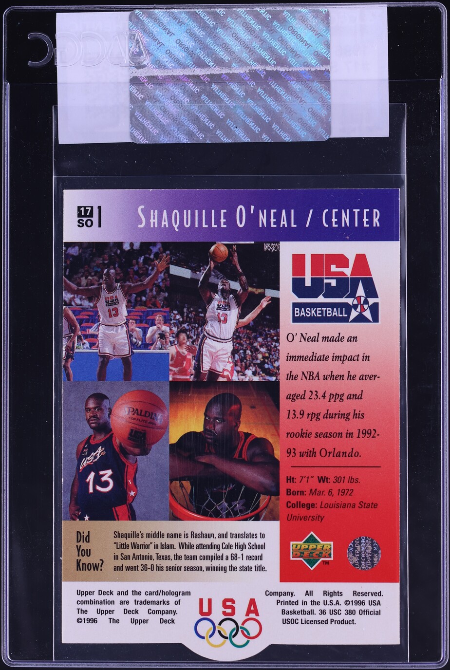 1996 Upper Deck USA Shaquille O'Neal #17 CGC AUTH