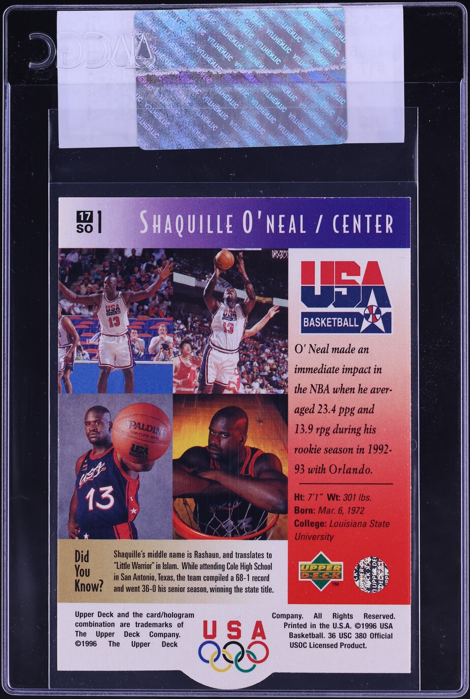 1996 Upper Deck USA Shaquille O'Neal #17 CGC AUTH