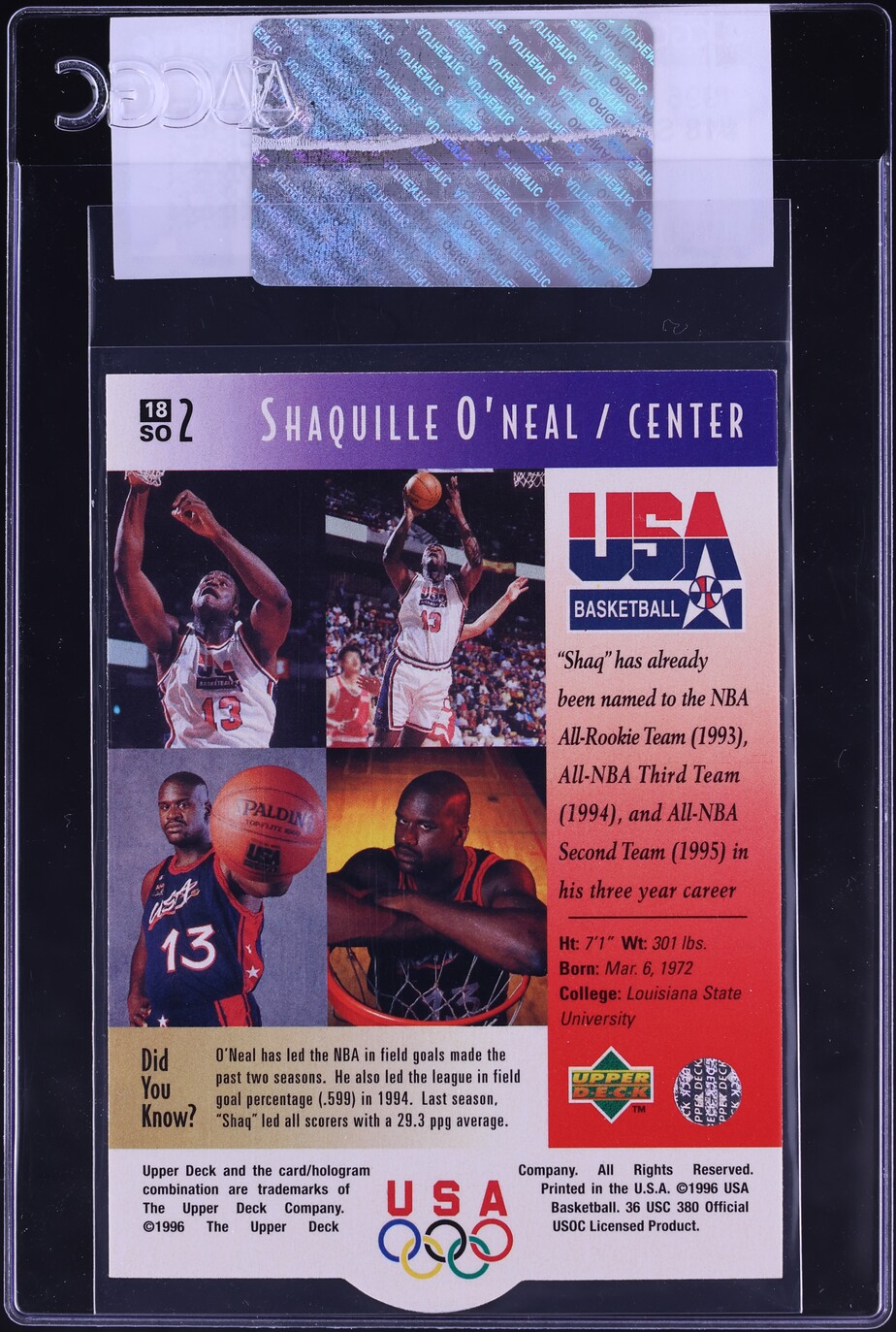 1996 Upper Deck USA Shaquille ONeal #18 CGC AUTH