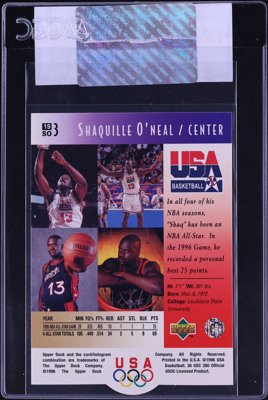 1996 Upper Deck USA Shaquille O'Neal #19 CGC AUTH